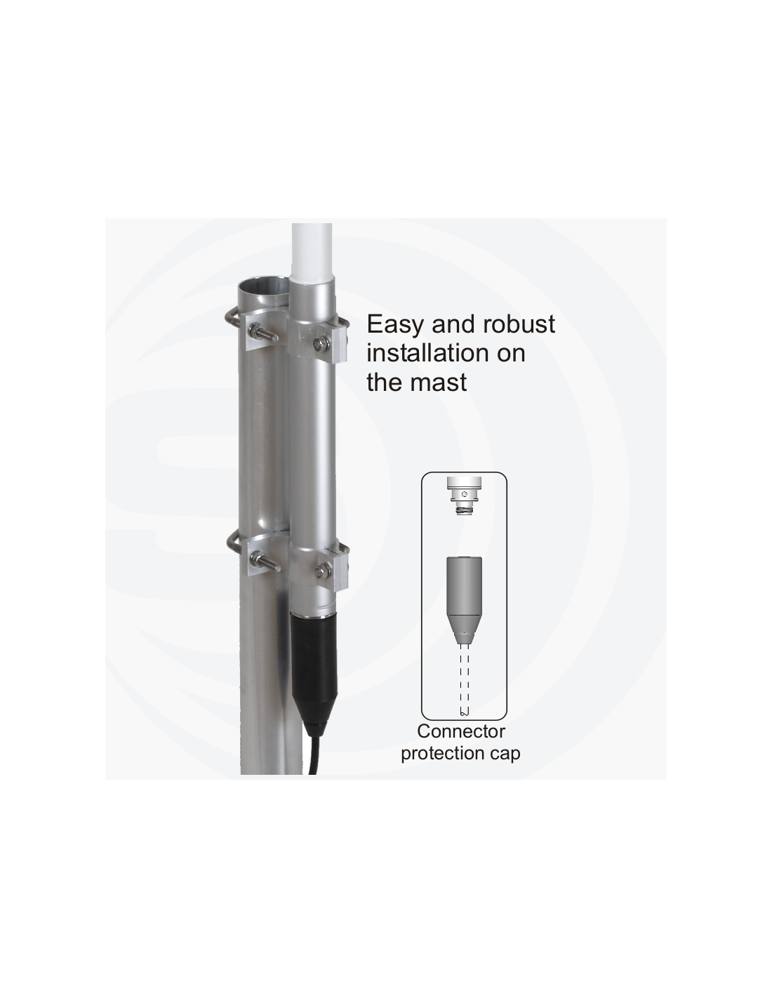 Close up van de Sirio SPO 118-2 VHF basisantenne bevestigd aan een antennemast