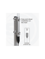 Close up van de Sirio SPO 118-2 VHF basisantenne bevestigd aan een antennemast