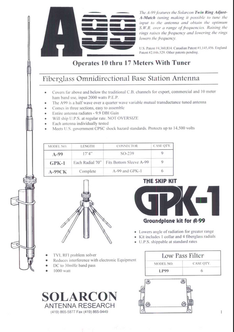 Solarcon Antron A99 datasheet van de 27MC basis antenne gemaakt van glasvezel