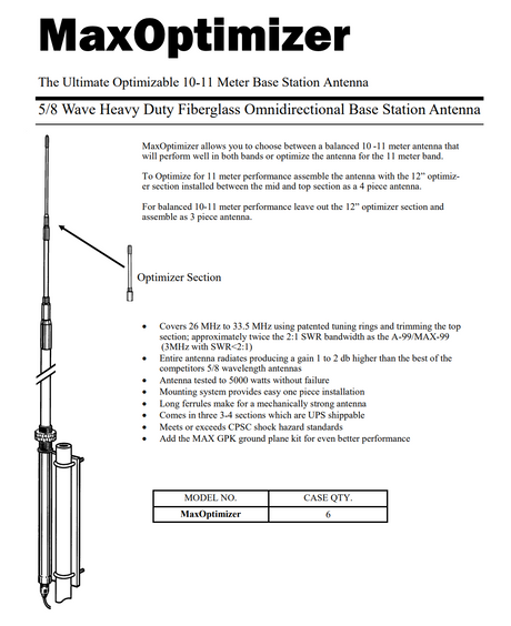Informatie over de Solarcon MaxOptimizer 10M en 11M basisantenne met optimizer