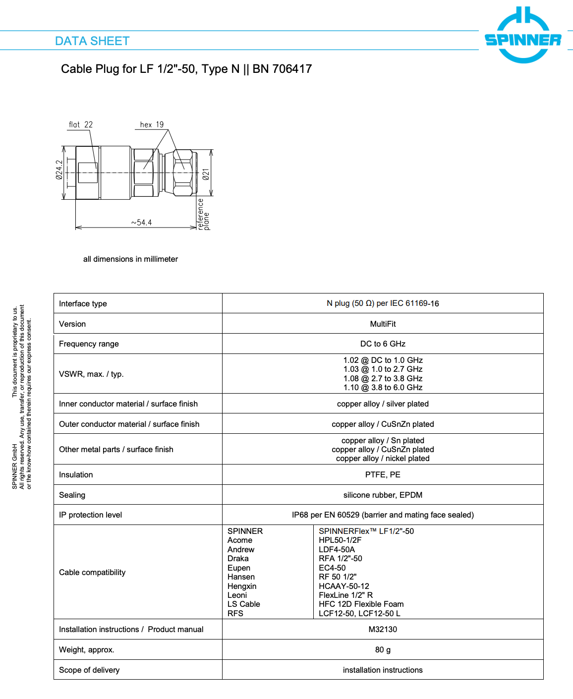 Datasheet van de Spinner 706417 connector N-Male LF 1/2"-50