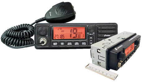 Stabo XM3002e compacte mobiele 27MHz CB transceiver op 12V en 24V met frontspeaker en meegeleverde DIN-frame