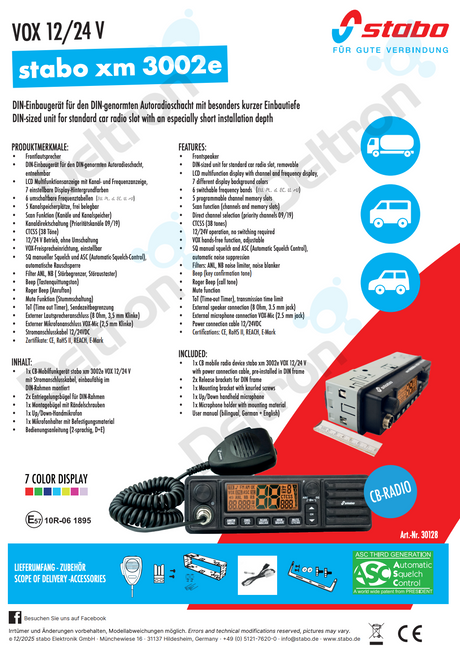 Flyer van de Stabo XM 3002e mobiele 27MHz CB transceiver voor 12V en 24V