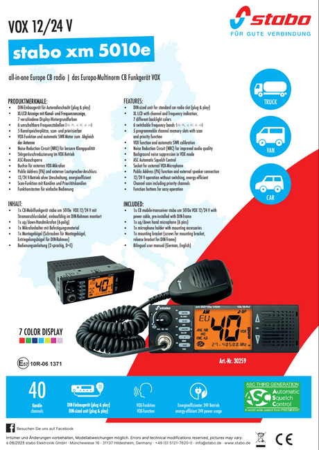 Flyer met alle informatie over de Stabo XM-5010E 27MHz transceiver en CB-radio die werkt op 12Volt en 24Volt
