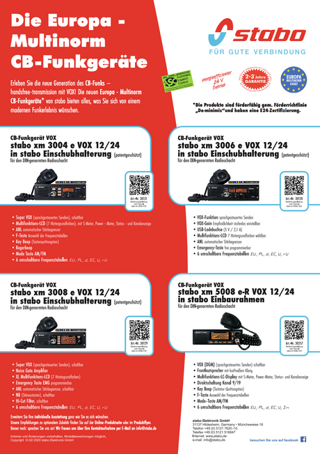 Overzicht Stabo XM-3004, XM-3006, XM-3008 en XM-508 modellen 27MHz CB transceivers