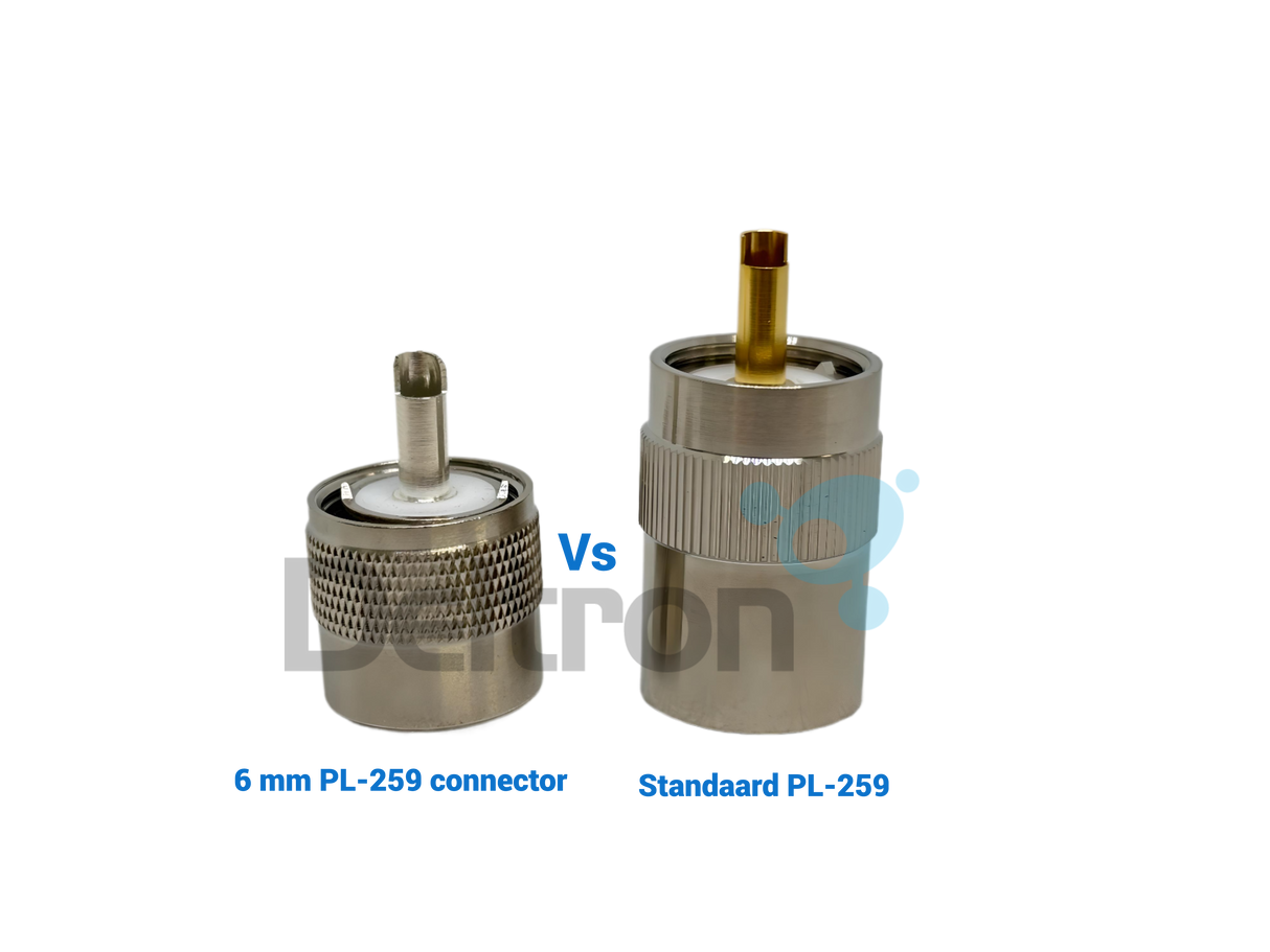 Sirio 2505600.00 korte UHF-Male (PL) connector vergeleken met een standaard PL-connector