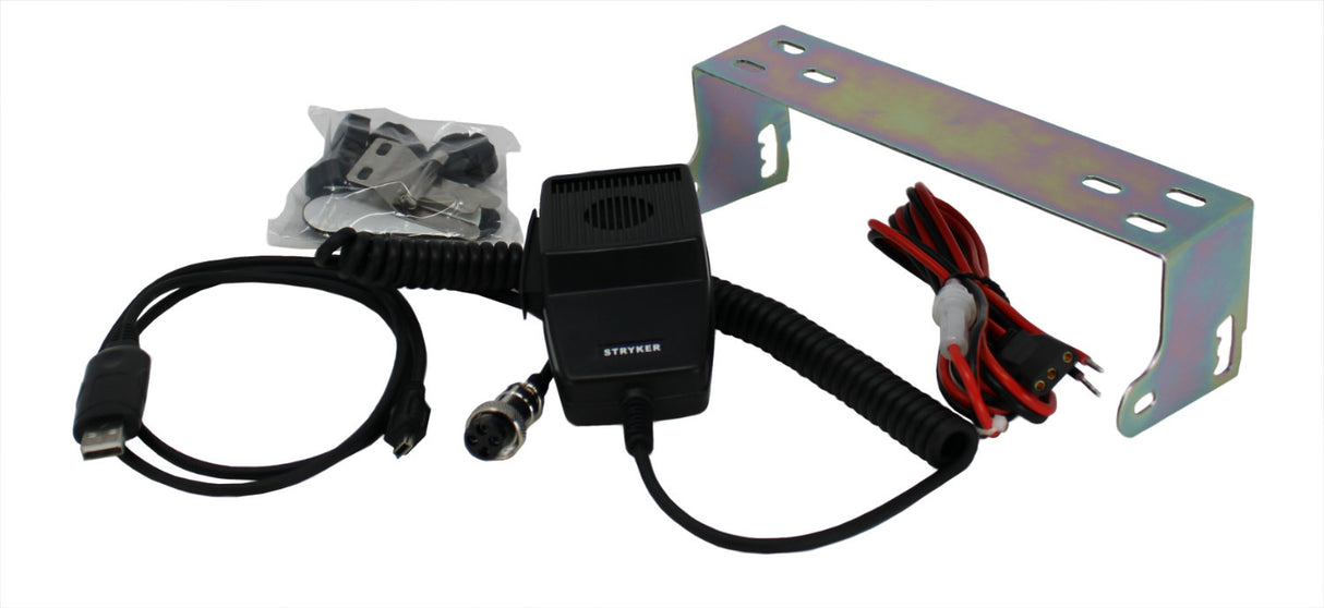 Stryker SR-955HPC meegeleverde accessoires zoals bevestigingsbeugel, voedingskabel, microfoon en USB-programmeerkabel