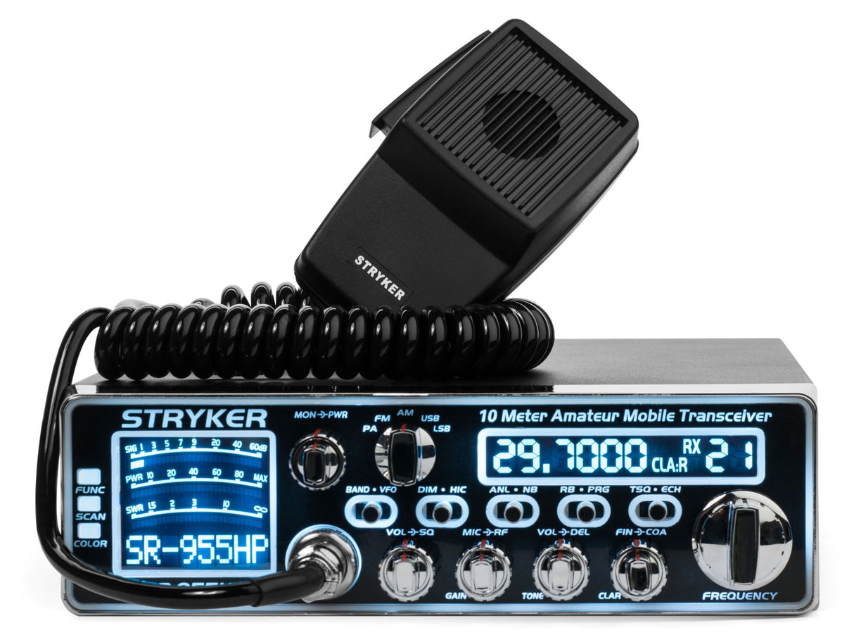 Stryker SR-955HPC 10M transceiver meet lichtblauwe display verlichting en handmicrofoon bovenop