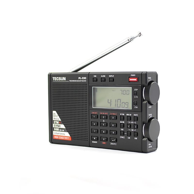 Tecsun PL-330 wereldontvanger met groot display, telescopische antenne, toetsenbord en grote draaiknoppen 