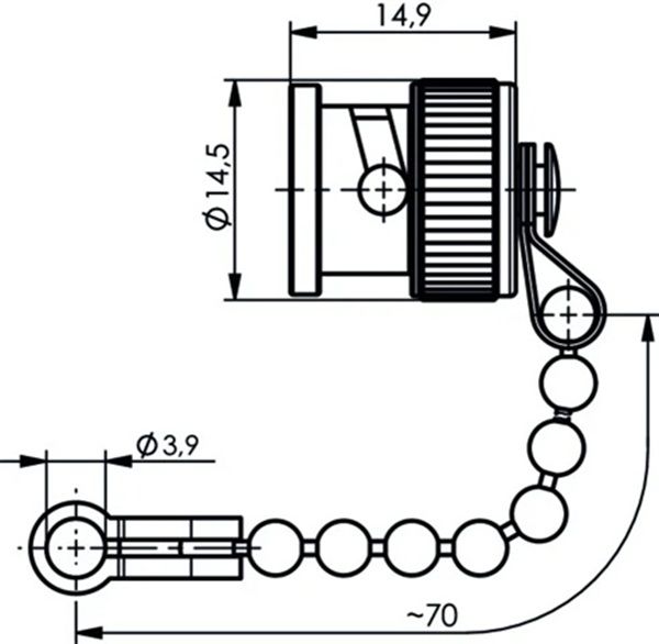 Tekening en afmetingen van de SSB 8748 dop met ketting die op een BNC-Female connector past