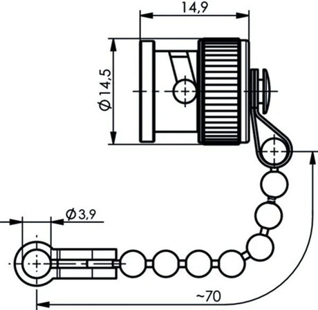 Tekening en afmetingen van de SSB 8748 dop met ketting die op een BNC-Female connector past