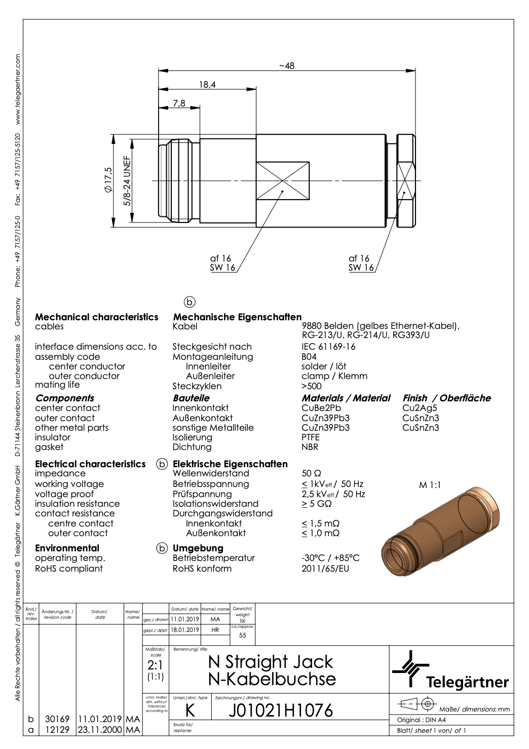 Datasheet Telegärtner N-Female voor RG-214/U, RG-213/U, 9880 en RG-393. Artikelnr.: 8792-TG oud artikelnr. J01021H1076