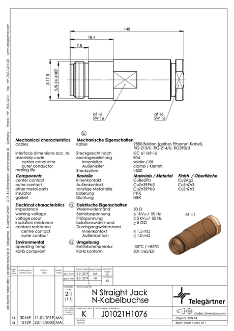 Datasheet Telegärtner N-Female voor RG-214/U, RG-213/U, 9880 en RG-393. Artikelnr.: 8792-TG oud artikelnr. J01021H1076