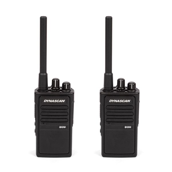 Twee Dynascan DV12U digitale uhf portofoons naast elkaar