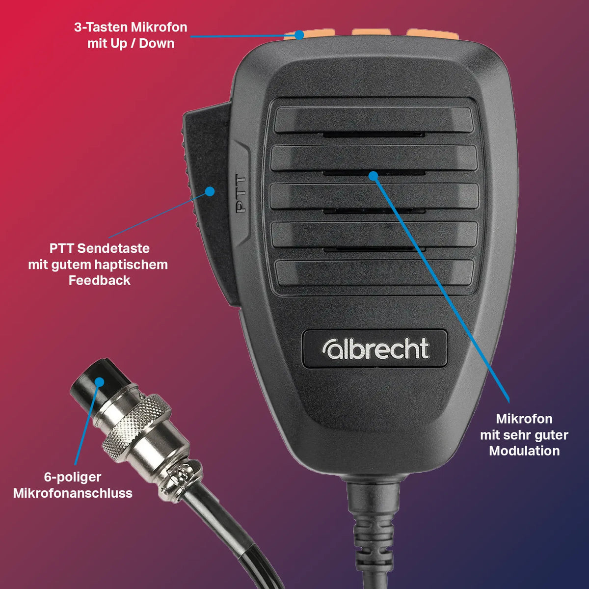 uitleg van de Albrecht ACM100 6-pins handmicrofoon voor diverse albrecht en midland 27MHz CB transceivers