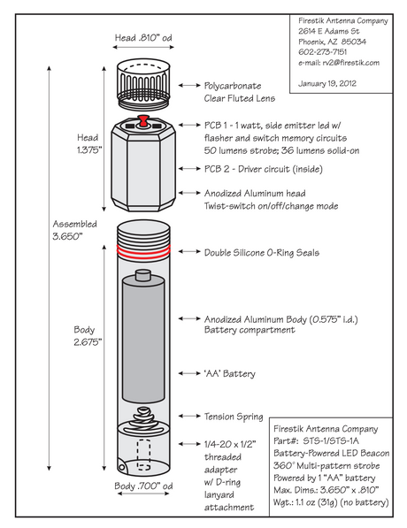 Tekening van Firestik Strobestik led lamp met alle onderdelen beschreven