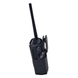 Uniden SDS100E scanner in een lederen scanner tasje met riemclip