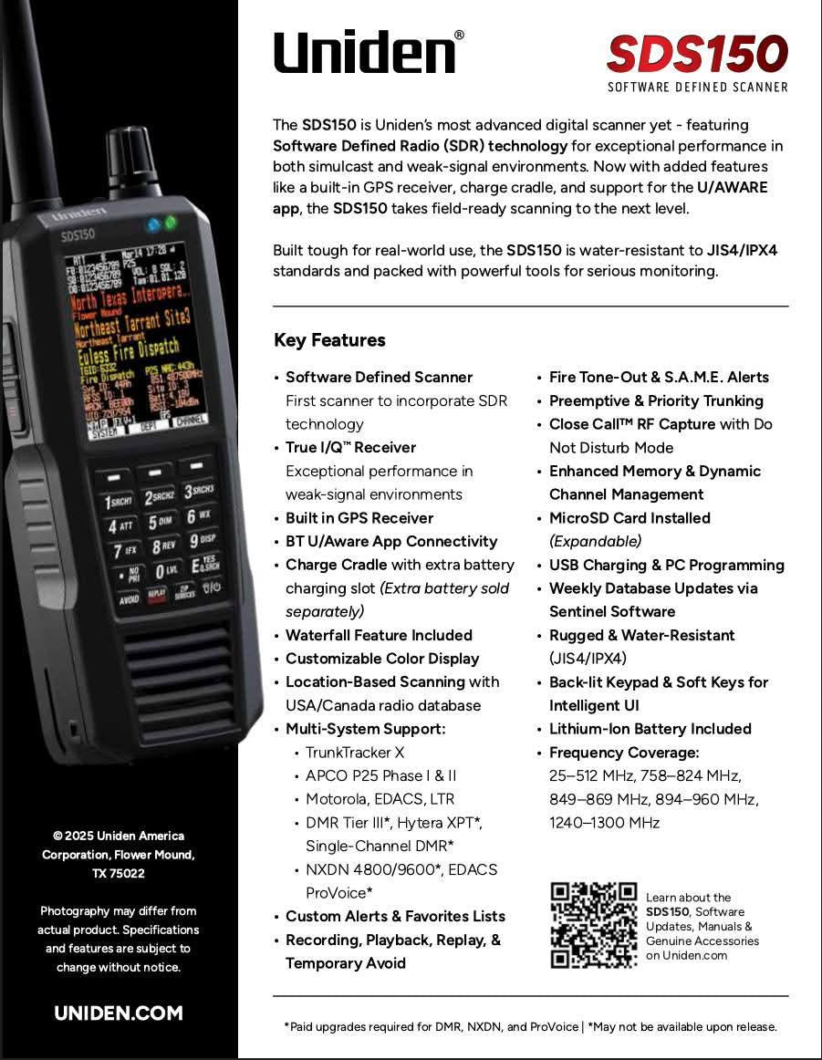 Amerikaanse flyer van de Uniden SDS150 nieuw model (2026) handheld scanner
