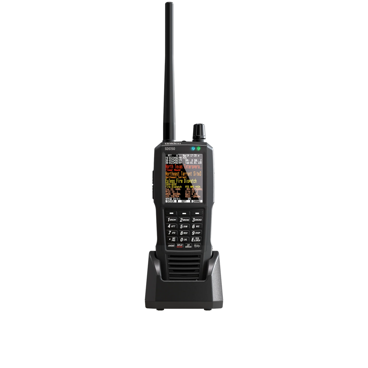 Uniden SDS150 scanner met antenne die in de meegeleverde bureaulader staat