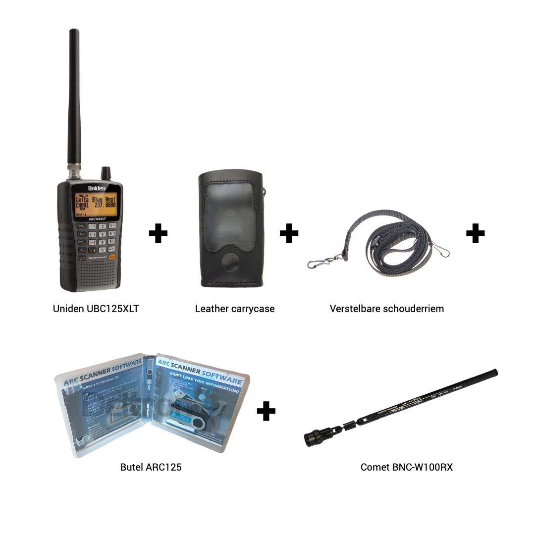 Scannerset bestaande uit een Uniden UBC125XLT, leren tasje, schouderriem, Butel ARC-125 software en een Comet W100RX antenne met BNC-aansluiting