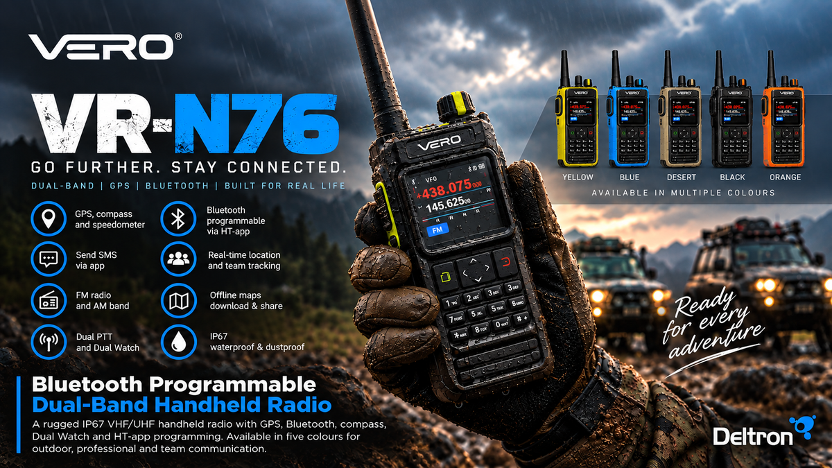 Vero VR-N76 robuuste portofoon voor UHF en VHF uitgevoerd met GPS, kompas, snelheidsmeter, fm en am radio, dual PTT en meer