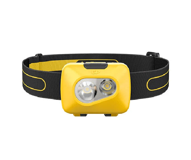 Voorkant GP CH42 hoofdlamp met een lichtsterkte van 110 lumen in de kleur geel met zwart met gele hoofdband
