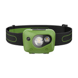 Voorkant van de GP CH43 150 lumen hoofdlamp in het mosgroen met zwart en groene verstelbare hoofdband