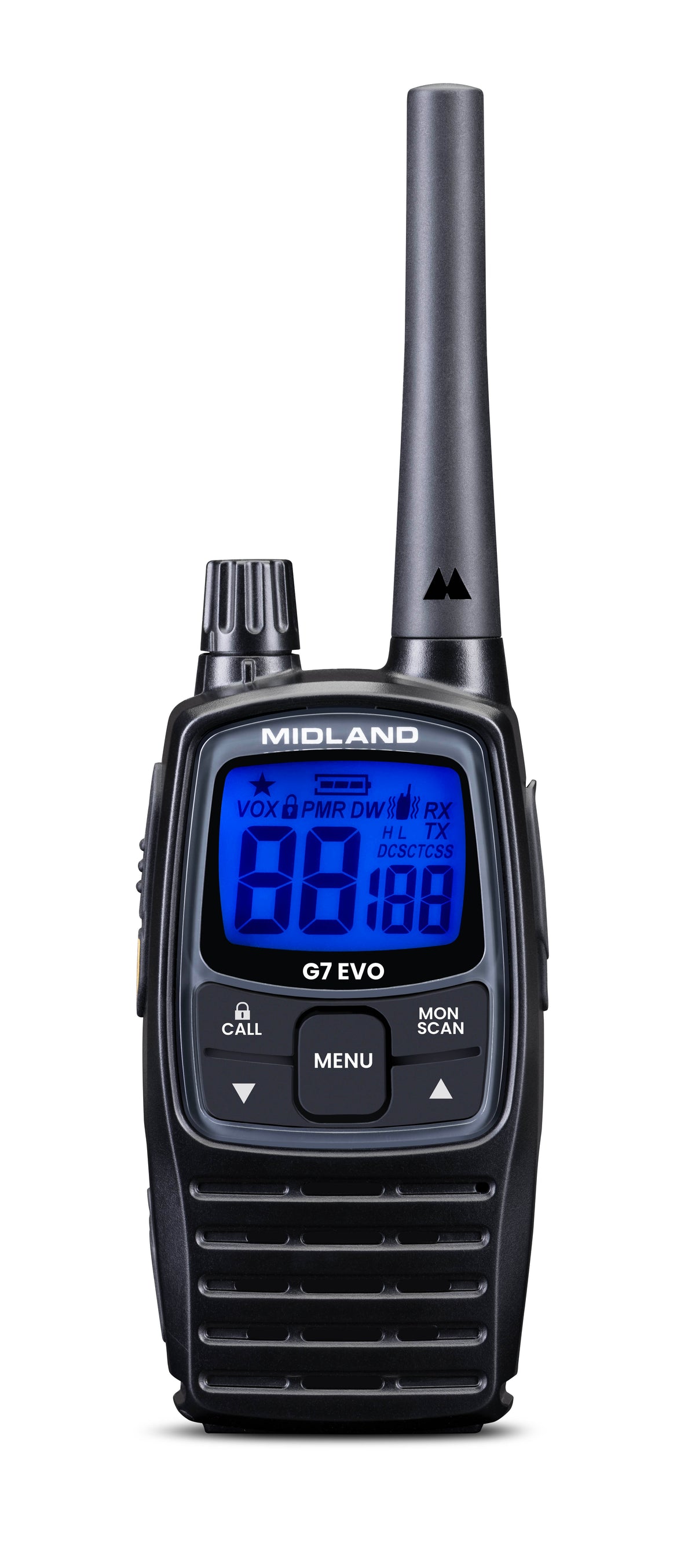Midland G7 EVO vergunningsvrije PMR446 portofoon met groot blauw display, antenne en bedieningsknoppen