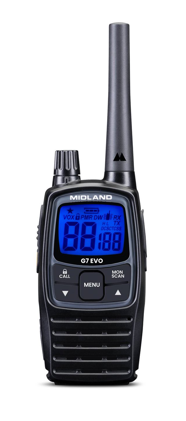 Midland G7 EVO vergunningsvrije PMR446 portofoon met groot blauw display, antenne en bedieningsknoppen