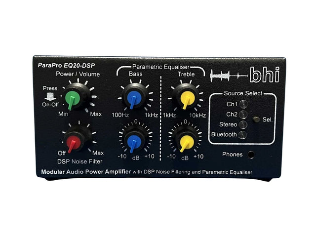 Voorzijde van de BHI ParaPro EQ20-DSP noise cancelling audio versterker
