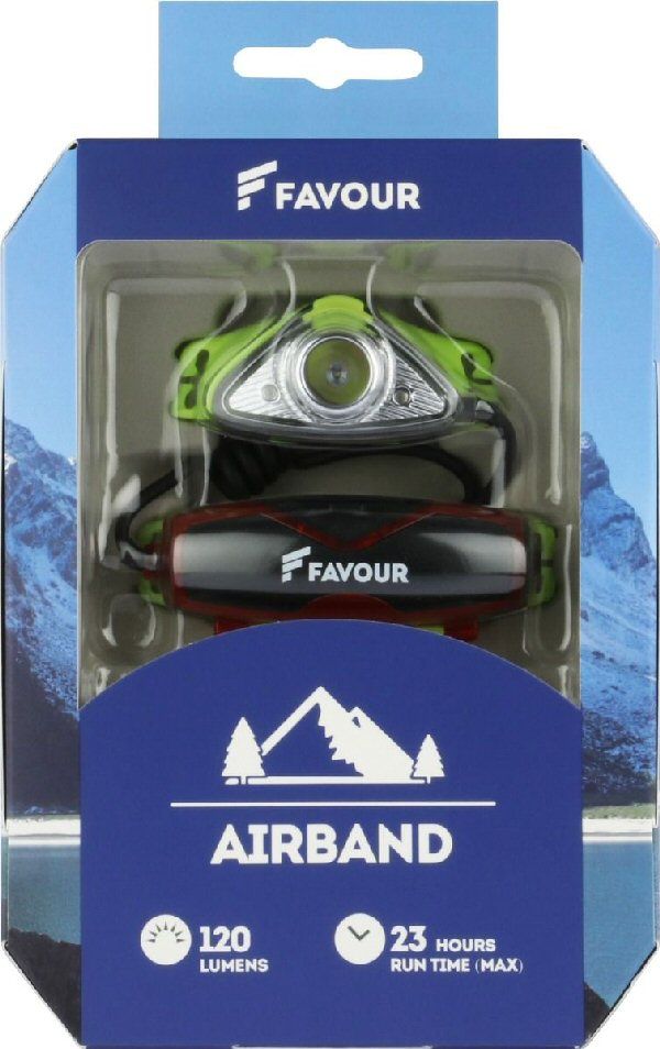 Voorzijde van de verpakking waarin de Favour H1017 oplaadbare hoofdlamp met 120 lumen zit