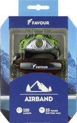 Voorzijde van de verpakking waarin de Favour H1017 oplaadbare hoofdlamp met 120 lumen zit