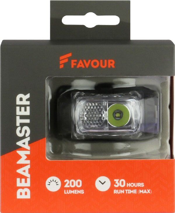 Voorzijde van de verpakking waarin de Favour H1117 oplaadbare hoofdlamp wordt geleverd