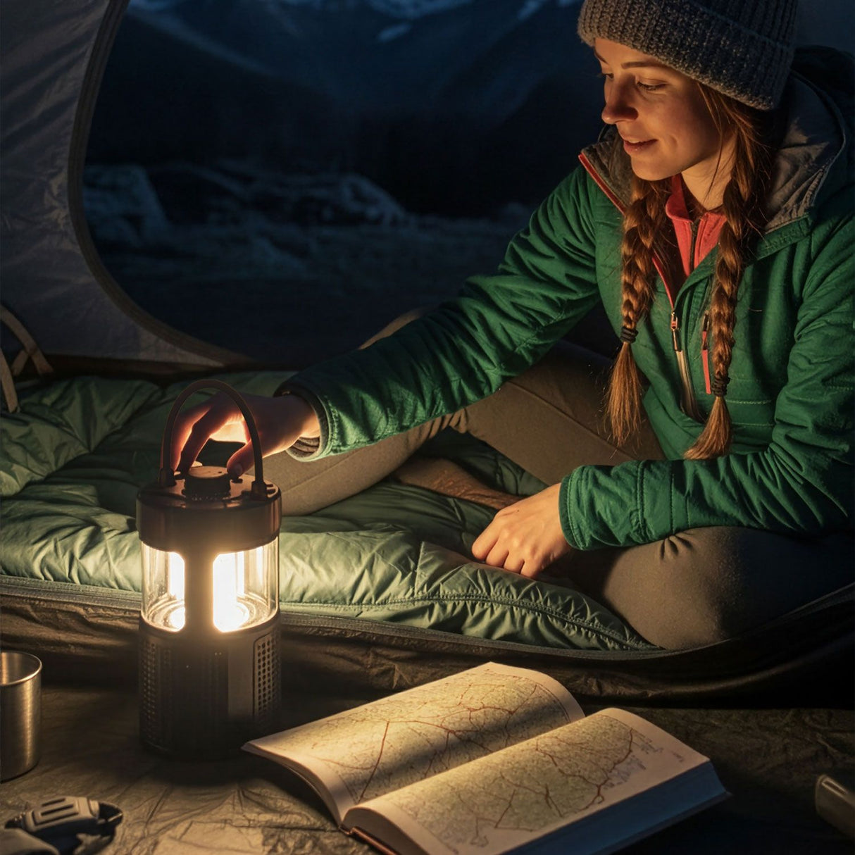 Vrouw die een boek leest in het donker met een Midland ER-lantaarn ernaast