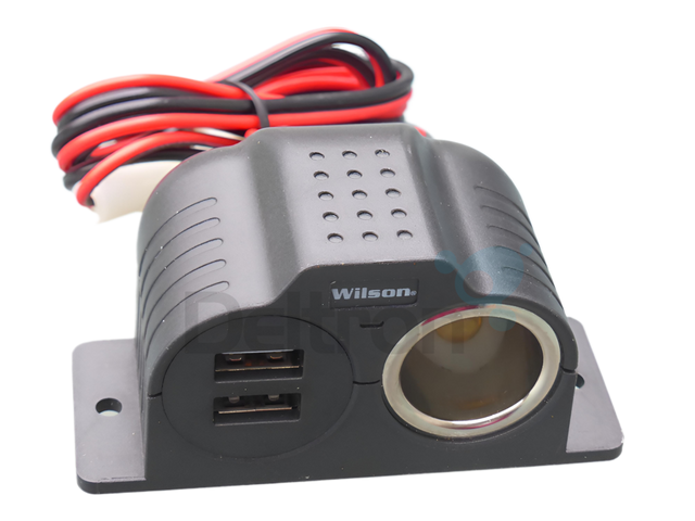 Wilson 30512V2USB 12V stroomvoorziening met aanstekeraansluiting en twee usb-poorten en een voedingskabel met plus en min