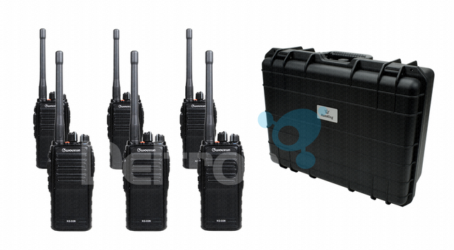 PMR446 set van zes Wouxun KG-D26 portofoons en een HamKing XL6 opbergkoffer met 2 lagen foam