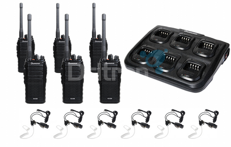 Wouxun KG-D26 PMR446 portofoonset van zes stuks met een zesvoudige desktop lader en zes KEP-26K oortjes