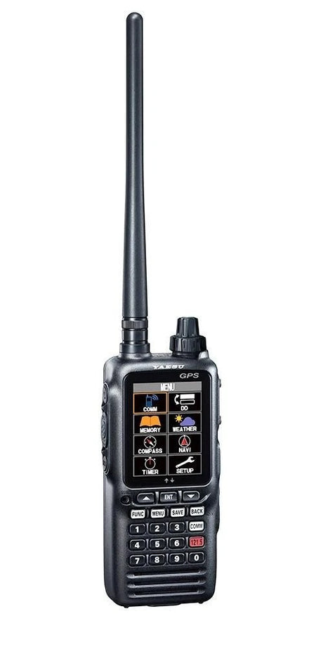 Vooraanzicht van de Yaesu FTA-850AA handheld airband radio met ILS-, VOR- en GPS-navigatie