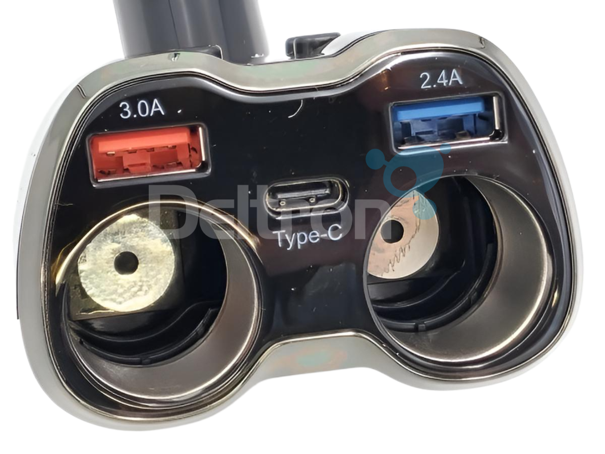 Close-up van de RoadPro Power hub met 2 USB-poorten, 1 USB-C poort en twee sigaretaanstekerpoorten