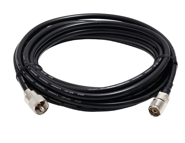 Diamond 5D5MJ 5 meter coaxkabel met een gesoldeerde UHF-Male (PL259) en een UHF-Female (SO239) connectoren