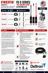 Firestik FG II No Ground Plane CB antenne kit infographic met RVS montagebeugel, coaxkabel en 5/8 golf antenne voor campers, boten en kunststof voertuigen