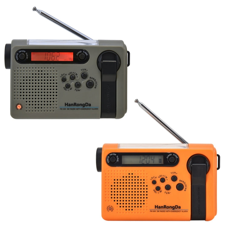 HanRongDa HRD-900 noodradio met telescoop antenne, zonnepaneel, led-lamp en handslinger om op te laden. Verkrijgbaar in de kleuren donkergroen en oranje