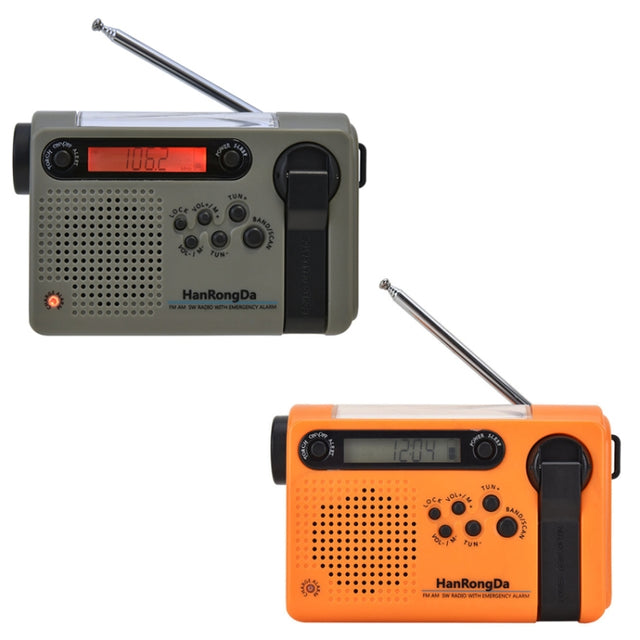 HanRongDa HRD-900 noodradio met telescoop antenne, zonnepaneel, led-lamp en handslinger om op te laden. Verkrijgbaar in de kleuren donkergroen en oranje