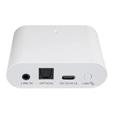 Achterkant Albrecht KLARO TV audio amplifier en Bluetooth speaker met de verschillende aansluitingen