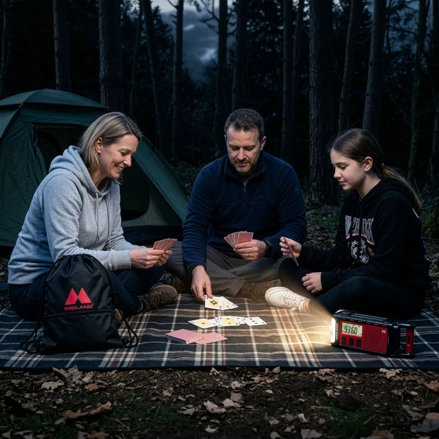 Man, vrouw en dochter die in de schemering bij de tent op een kleed zitten te kaarten en de Midland ER300 gebruiken als verlichting