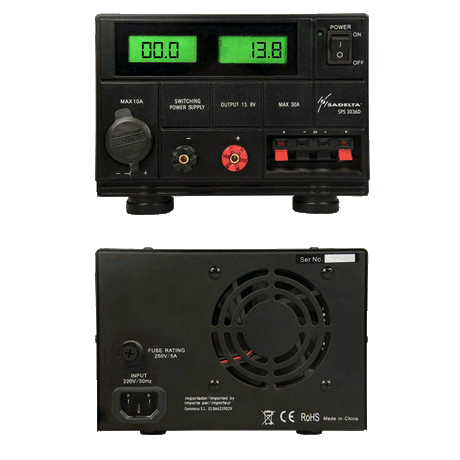 Voor en achterkant van de Sadelta SPS-3036D elektronische voeding 